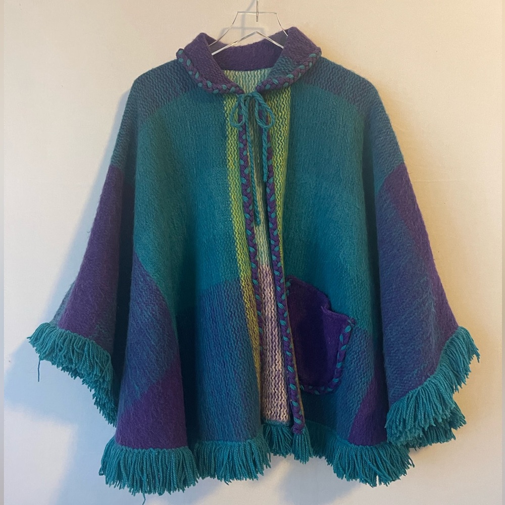 Turquoise Purple Yellow Madras Plaid Wool Cape poncho